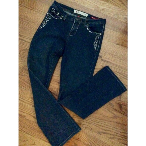 "Gene Culture"BLINGED Denim Mid Rise Boot Cut Dark Wash Women Jeans 31"x31" Sz4 - Picture 1 of 12